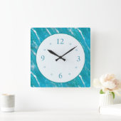 シーウェーブパターン青緑（白）顔 スクエア壁時計 (ホーム)
