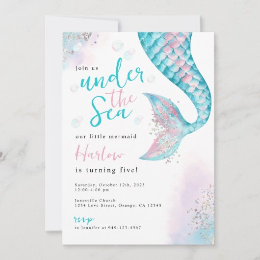 シーウォーターの下のカラーマーメイド招待状 案内状 (正面)