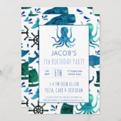 シーウォーターカラーキッズタコ誕生日 招待状 (正面/裏面)