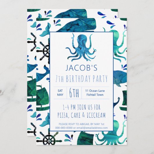 シーウォーターカラーキッズタコ誕生日 招待状 (正面/裏面)