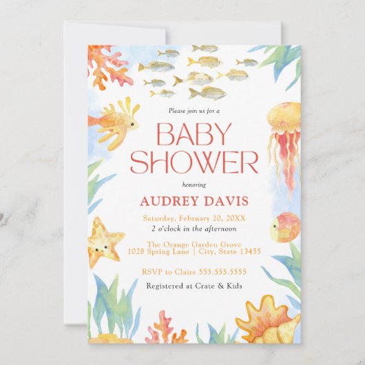 シーウォーターカラーベビーシャワー招待状の下 招待状 (正面)