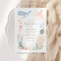 シーウォーターカラーベビーシャワー招待状の下