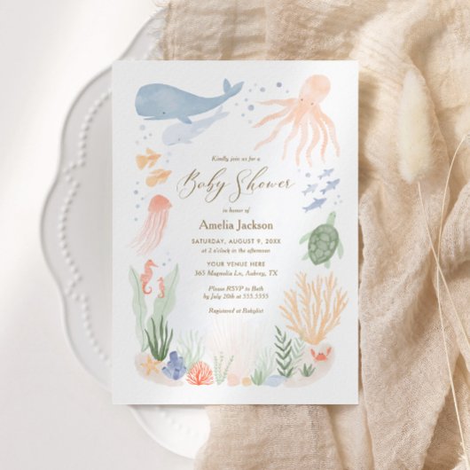 シーウォーターカラーベビーシャワー招待状の下 招待状