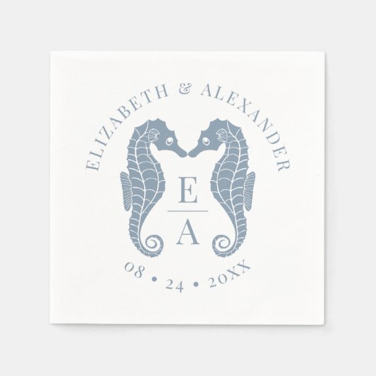 シーウズモノグラムビーチ結婚式ダスティブルー スタンダードカクテルナプキン (正面)