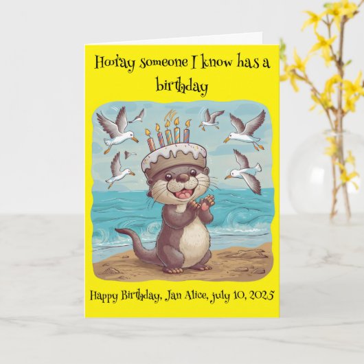 シーオッターはケーキの誕生日ハット拍手を着て カード (黄色い花)