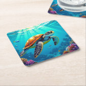 シーカメ鮮やか海イラストレーション スクエアペーパーコースター (アングル)