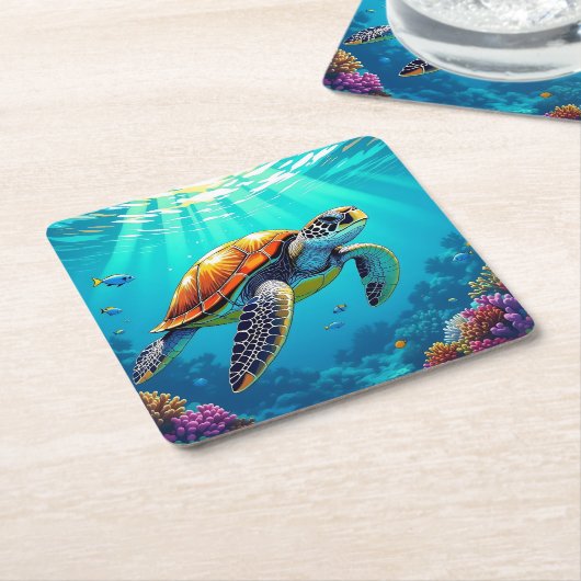シーカメ鮮やか海イラストレーション スクエアペーパーコースター (アングル)