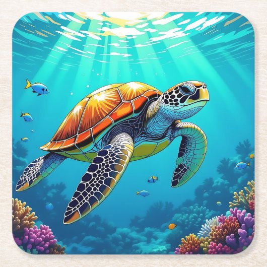 シーカメ鮮やか海イラストレーション スクエアペーパーコースター (正面)