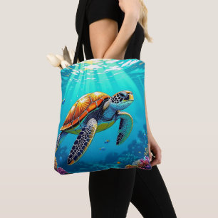 シーカメ鮮やか海イラストレーション トートバッグ