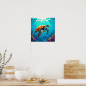 シーカメ鮮やか海イラストレーション ポスター (キッチン)