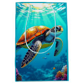 シーカメ鮮やか海イラストレーション ミディアムペーパーバッグ (正面)