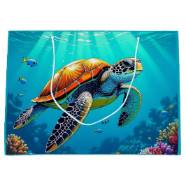 シーカメ鮮やか海イラストレーション ラージペーパーバッグ