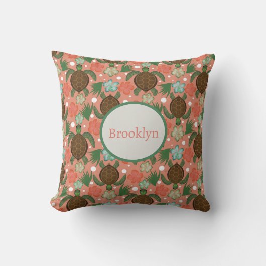 シーカメ&ハイビスカスコーラルピンクフローラ子供部屋 クッション (正面)