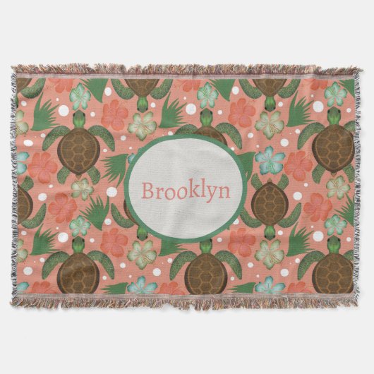 シーカメ&ハイビスカスコーラルピンクフローラ子供部屋 スローブランケット (正面)