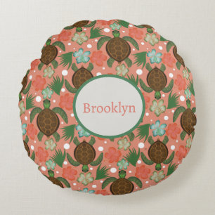 シーカメ&ハイビスカスコーラルピンクフローラ子供部屋 ラウンドクッション