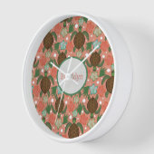 シーカメ&ハイビスカスコーラルピンクフローラ子供部屋 壁時計 (傾斜)