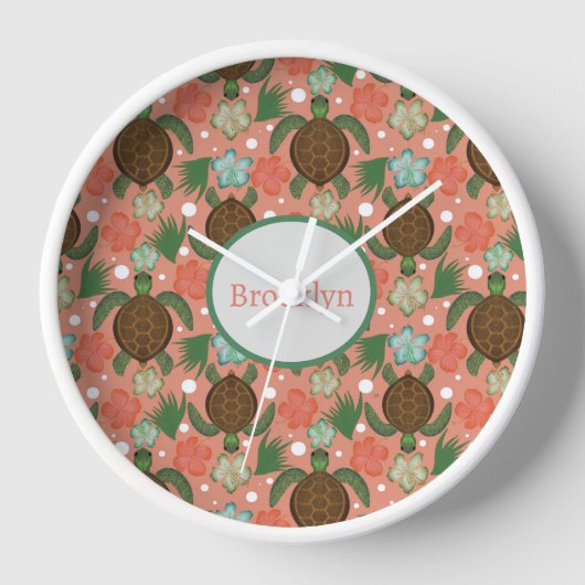シーカメ&ハイビスカスコーラルピンクフローラ子供部屋 壁時計 (正面)
