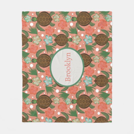 シーカメ&ハイビスカスコーラルピンクフローラ フリースブランケット (正面)