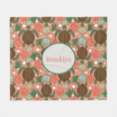 シーカメ&ハイビスカスコーラルピンクフローラ フリースブランケット (正面(横))