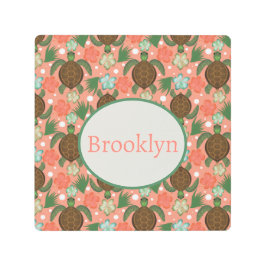 シーカメ&ハイビスカスコーラルピンクフローラ メタルプリント