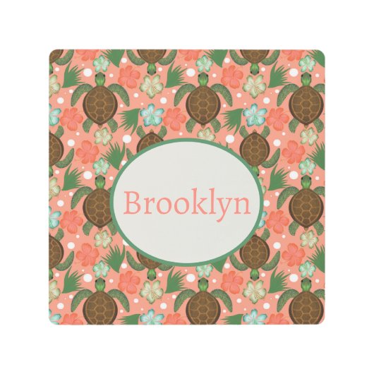 シーカメ&ハイビスカスコーラルピンクフローラ メタルプリント (正面)