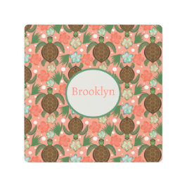 シーカメ&ハイビスカスコーラルピンクフローラ メタルプリント