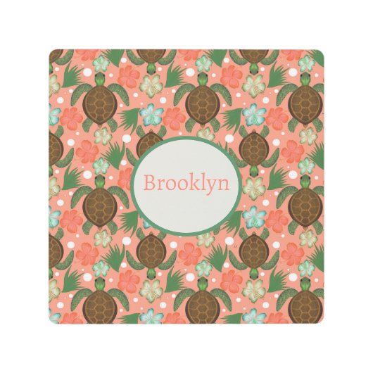 シーカメ&ハイビスカスコーラルピンクフローラ メタルプリント (正面)