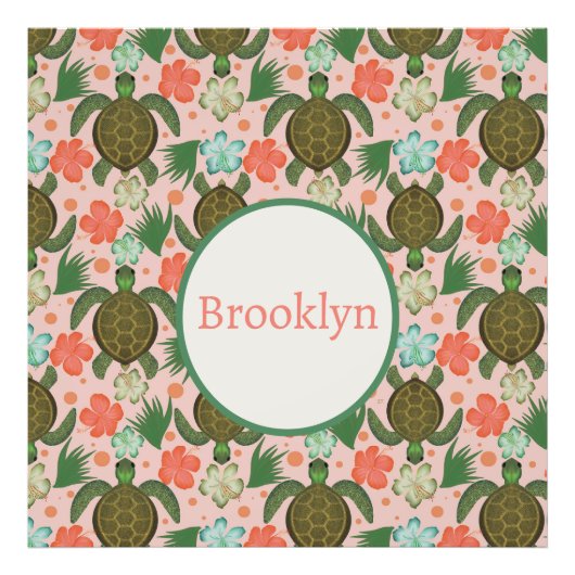 シーカメ&ハイビスカスピンクフローラ子供部屋 フォトプリント            (正面)