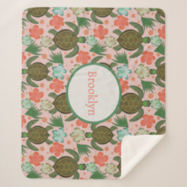 シーカメ&ハイビスカス赤面ピンクフローラ子供部屋 シェルパブランケット