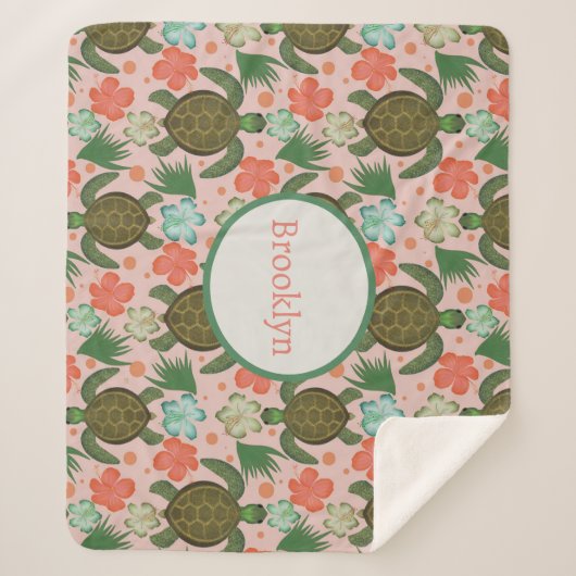 シーカメ&ハイビスカス赤面ピンクフローラ子供部屋 シェルパブランケット (正面)