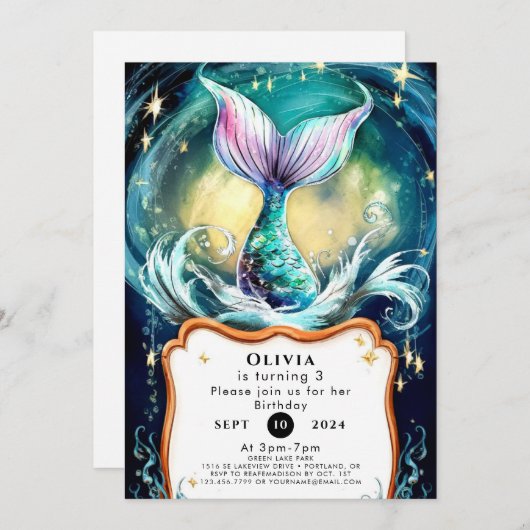 シーカラフルマーメイド誕生日 招待状 (正面/裏面)