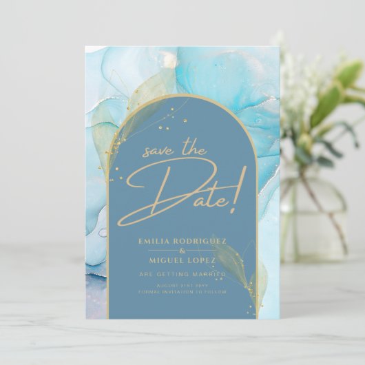 シーガスレスインクティール（緑がかった色）アクア結婚ブルー金ゴールド救ズ日付 招待状 (スタンド正面)