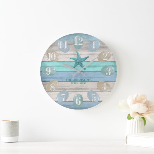 シーガラスとビーチウッド航海の – ブルーティール(緑がかった色) ラージ壁時計 (ホーム)