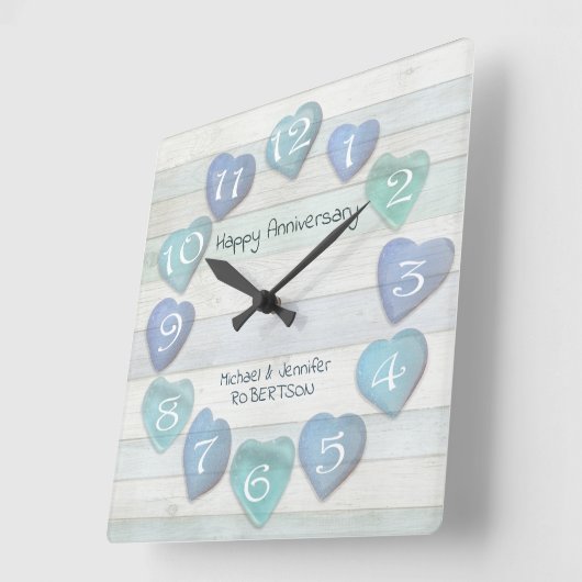 シーガラスハートビーチ記念日ドリフトウッド海 スクエア壁時計 (傾斜)