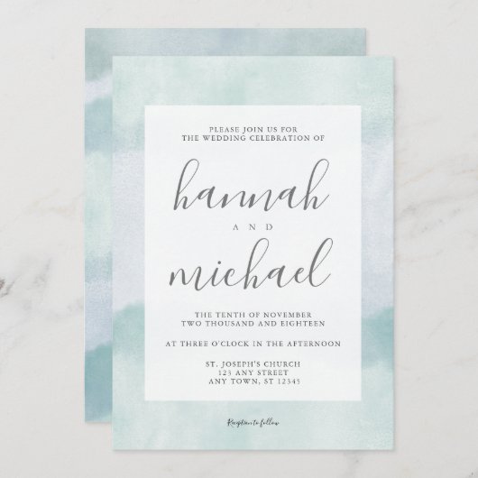 シーガラスブルーグリーンウォーターモダンカラー結婚ズ 招待状 (正面/裏面)