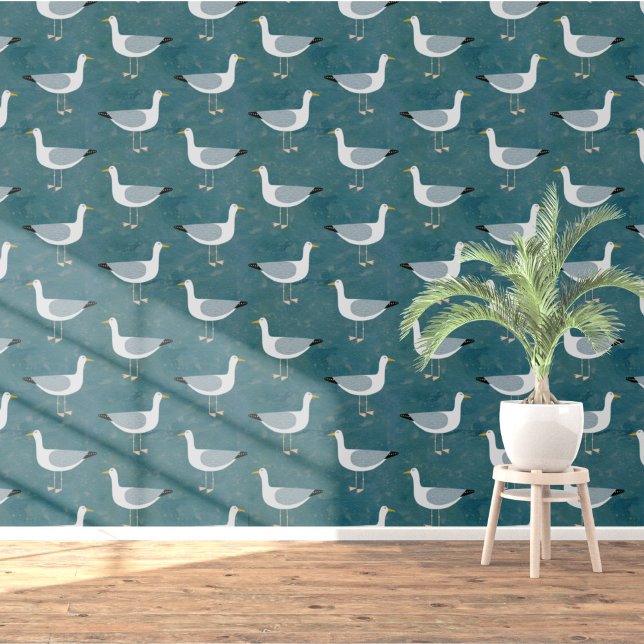シーガルコースタルティール（緑がかった色）グリーン 壁紙 (Seagull nautical coastal themed wallpaper)