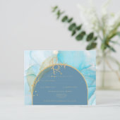 シーガースインクティール（緑がかった色）アクアブルー金ゴールドウェディングRSVP ポストカード (スタンド正面)