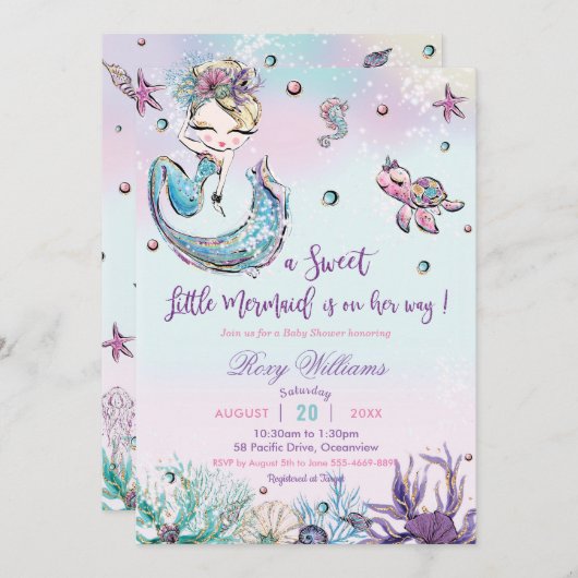 シーガールの下でシックなブロンド人魚の赤ちゃんシャワー 招待状 (正面/裏面)