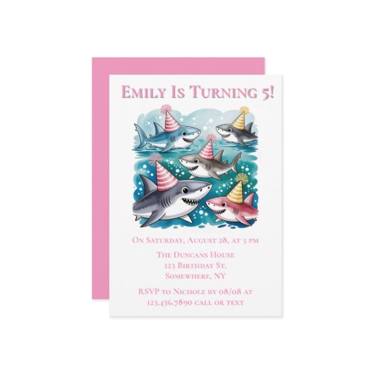 シーガールバースデーパーティーで可愛いサメ|過去記事 招待状 (正面/裏面インサイチュ)
