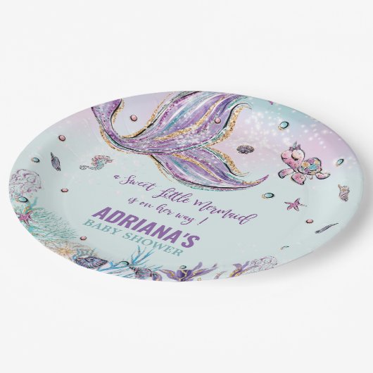 シーガールベイビーシャワーの下のシックな人魚の尾 ペーパープレート (アングル)
