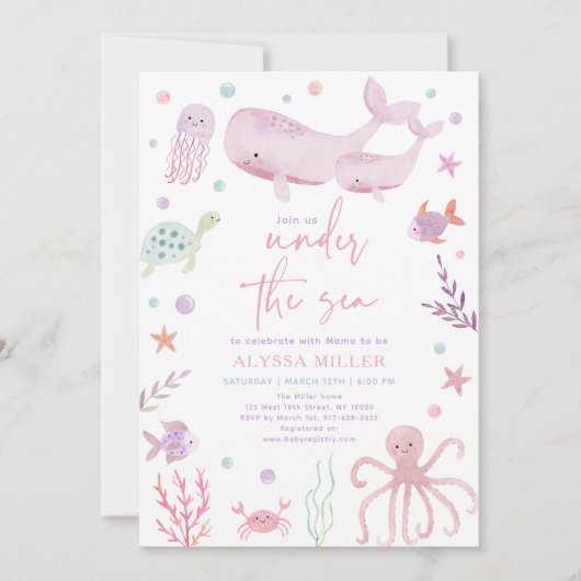 シーガールベビーシャワーの下のピンクパステル 招待状 (正面)