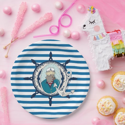 シーキャプテンブルー&ホワイトストライプ紙プレート ペーパープレート (パーティー)