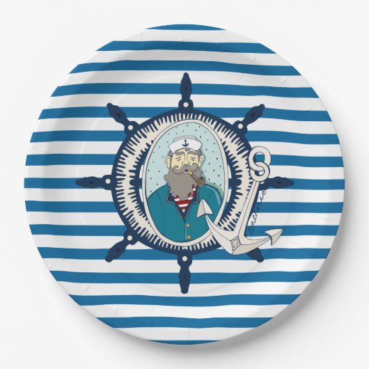 シーキャプテンブルー&ホワイトストライプ紙プレート ペーパープレート (正面)