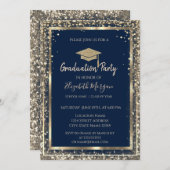 シークインズダイヤモンド金ゴールドグラッドキャップブルー卒業 招待状 (正面/裏面)