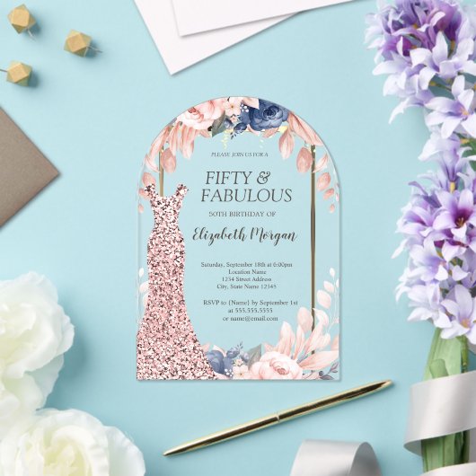 シークインズドレスバラ金ゴールドフローラ50th誕生日 アクリル招待状 (インサイチュ (ウェディング))
