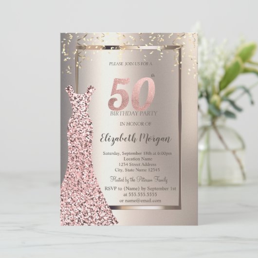 シークインバラ金ゴールドドレスアイボリー50th誕生日 招待状 (スタンド正面)