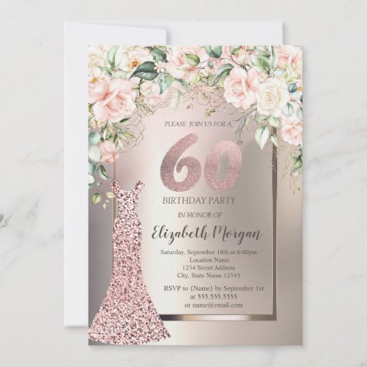 シークインバラ金ゴールドドレスバラアイボリー60th誕生日 招待状 (正面)