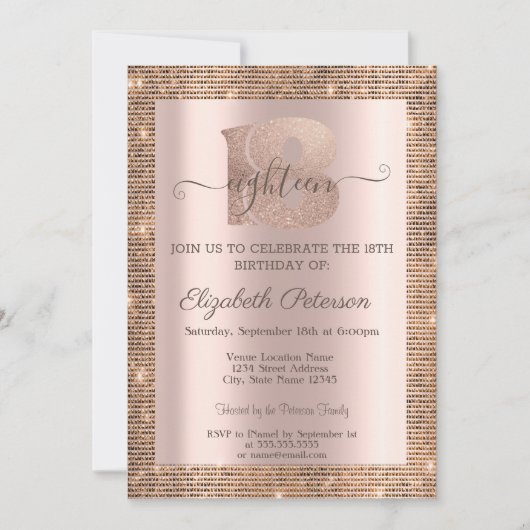 シークインモダンズフレームバラ金ゴールド18誕生日 招待状 (正面)