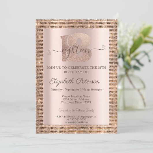 シークインモダンズフレームバラ金ゴールド18誕生日 招待状 (スタンド正面)