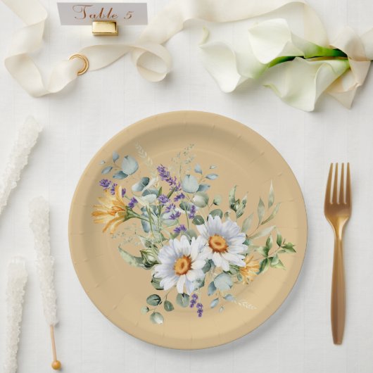 シークインライトイエローデイジーラベンダーシャワー ペーパープレート (ウェディング)